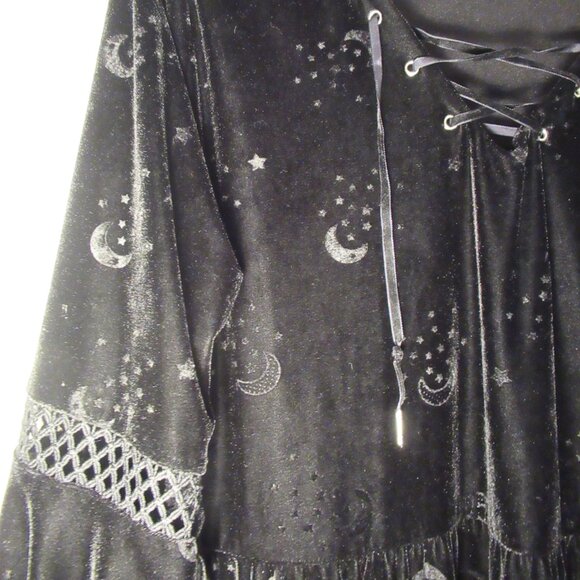 Plus Size 2X Coven Black Velvet Hooded Dress Spirit Stars Moon Celestial Witch - Picture 5 of 14